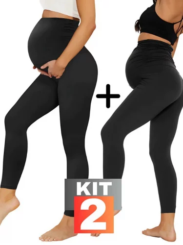 Kit 2 Legging gestante calça grávida maternidade suplex conforto barriga cós alto plus size curva - Tamanhos do P ao GG