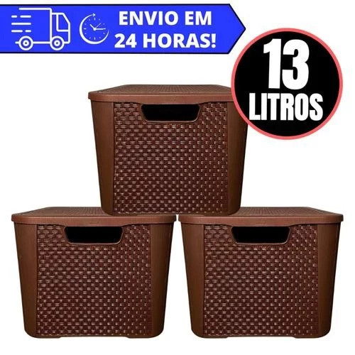 🧡Kit 3 Caixas Organizadora Rattan REFORÇADA 13 LITROS - MARROM