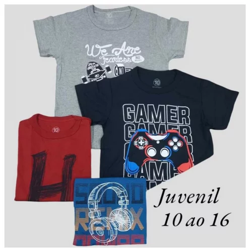 kit 3 Camiseta Juvenil Menino 10 ao 16 Cores e Estampas Sortidas Manga Curta