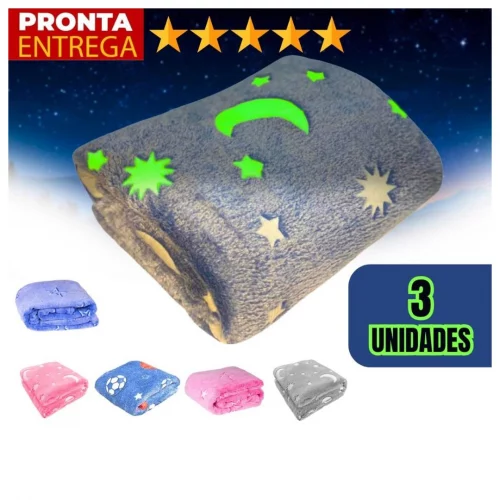 Kit 3 Unidades Manta Brilha No Escuro Para Bebê Infantil Inverno Estampada 100cm x 80cm