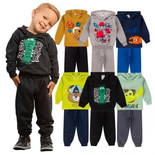 *Kit 4 Peças Conjunto Moletom Infantil Menino Masculino Inverno Com Capuz Outono*