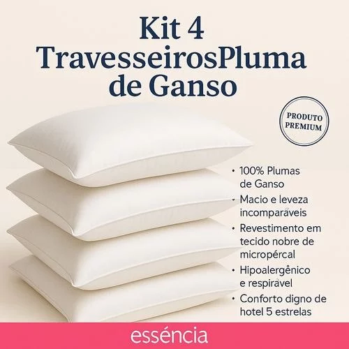 🧡Kit 4 Travesseiro Pluma de Ganso Descanso Antiacaro 70x50cm