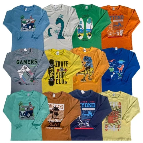 Kit 5 Camisetas Infantil Sortidos Desenho Manga Longa Menino Inverno 2 à 8 Anos