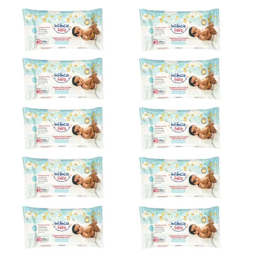 Kit com 10 Pacotes de Toalhas Umedecidas Infância Feliz - 40 Folhas – Testado Dermatologicamente