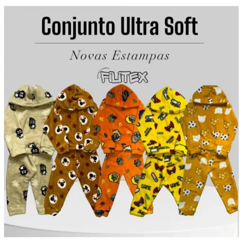 Kit COM 3 OU 5 conjuntos Bebê e Infantil de Fleece Premium Peluciado Ultrasoft Capuz Fem e Masc Inverno Pijama 1 ao 8