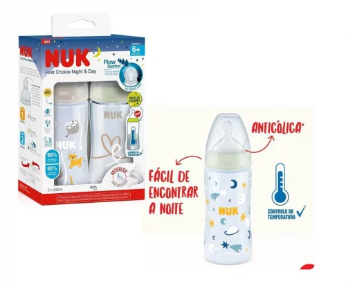 Kit de Mamadeiras Anticólica Dia e Noite com Controle de Temperatura NUK 300ml - Azul
