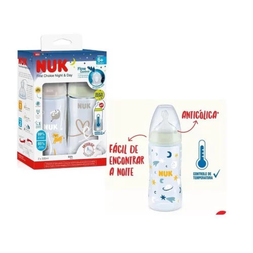 Kit de Mamadeiras Anticólica Dia e Noite com Controle de Temperatura NUK 300ml - Azul
