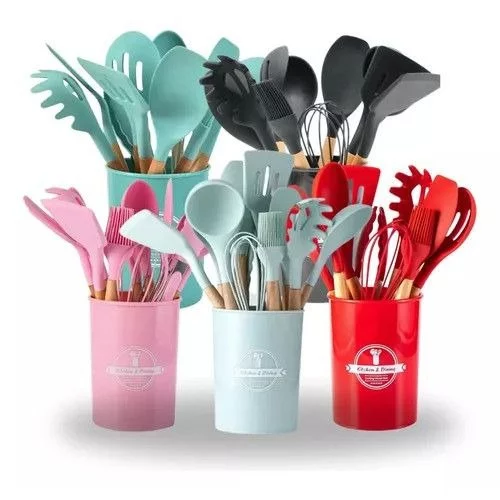 🧡Kit Jogo de Cozinha Silicone, Utensílios e Copo Suporte para Cozinheiro Cabo de Madeira MasterChef