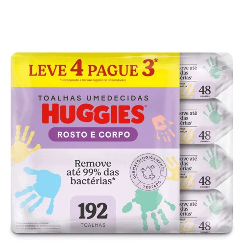 Kit Lenço Umedecido Infantil Huggies Rosto e Corpo 4 Pacotes com 48 Unidades