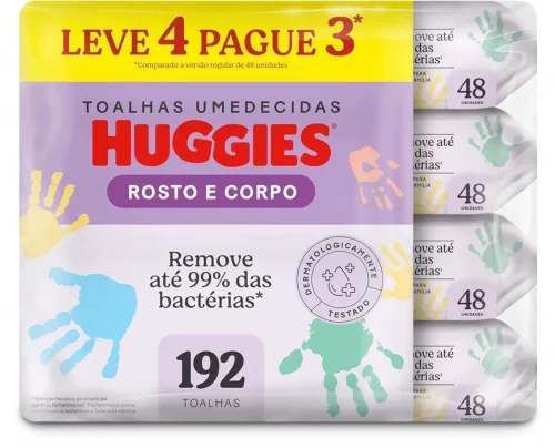 Kit Lenço Umedecido Infantil Huggies Rosto e Corpo 4 Pacotes com 48 Unidades