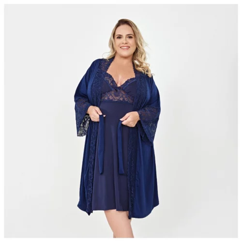 - Kit Plus Size Camisola Amamentação Gestação e Robe luxo Renda