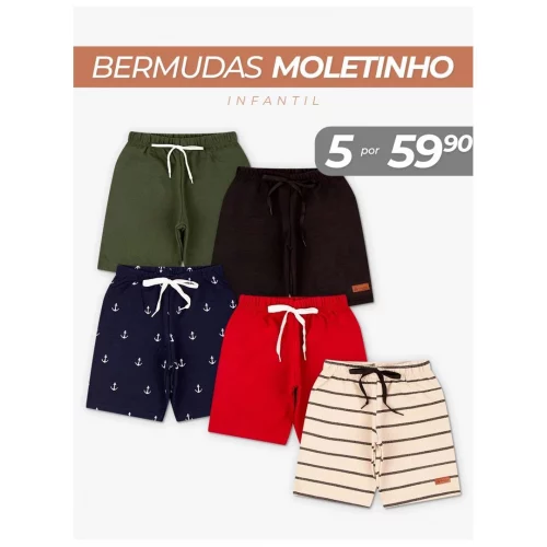 Kit Sortido 5 Bermuda 100% algodão Infantil Menino Tam: 1 ao 10 ou Kit Sortido 2 Bermudas infantil menino bebe 100% Algodão
