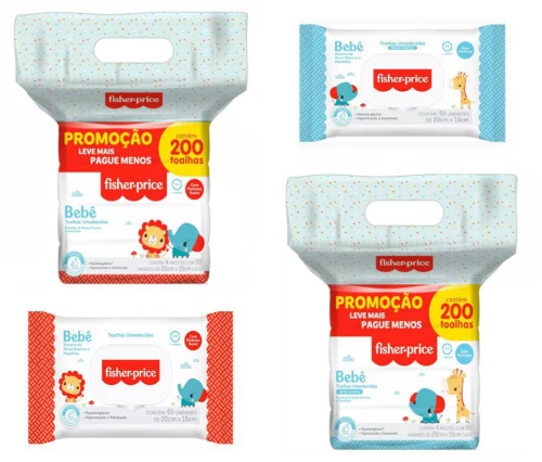 Kit Toalhas Umedecidas Fisher-Price 200 unidades ( 4 pacotinhos com 50un cada)