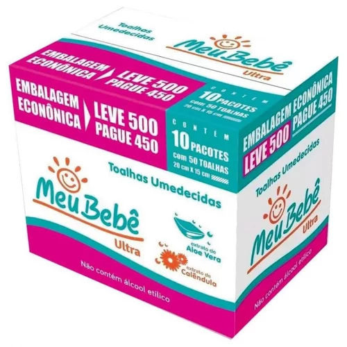 Kit Toalhas Umedecidas Meu Bebê Ultra com 500 Unidades - 10 pacotes com 50 unidades