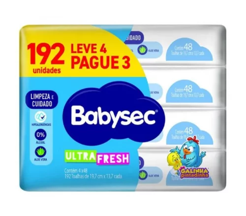 Lenço Umedecido Babysec Pacote Economico 192 unidades (4 pacotes com 48 unidades)