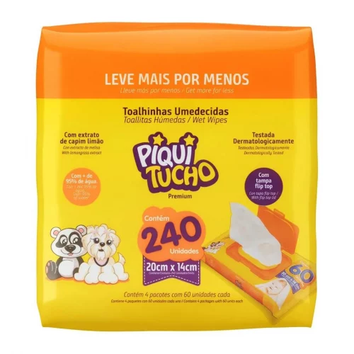 Lenço Umedecido Piquitucho Premium 240 unidades (4 pacotinhos com 60un cada)