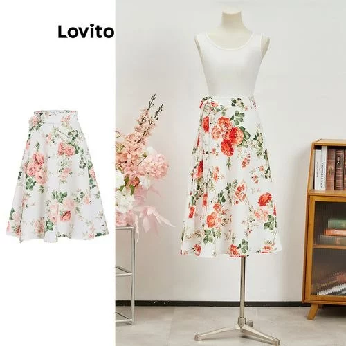 🧡Lovito Saia casual floral com renda para mulheres L99ED260(Multicolorido)