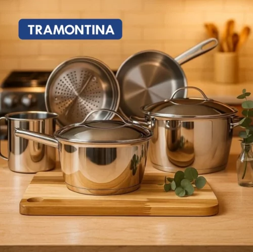 MENOR PREÇOOO 🏃🏻‍♂️ PERFEITASS 💙🩶 Jogo COM 5 Panelas FUNDO TRIPLO INOX da TRAMONTINA 🥘