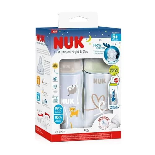 NUK Kit de Mamadeiras Anticólica Dia e Noite com Controle de Temperatura 300ml - Branca
