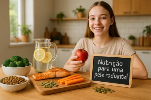 Mãe e filha pré-adolescente preparando uma refeição saudável com frutas e vegetais coloridos na cozinha, ilustrando a nutrição como aliada contra a acne.