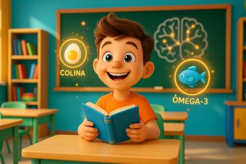 Uma criança sorridente em uma sala de aula cartoon 3D, segurando um livro, com ícones flutuantes de um ovo (colina) e um peixe (ômega-3) brilhando ao fundo, e um quadro-negro com desenhos de cérebros, simbolizando a melhora da memória e aprendizado infantil