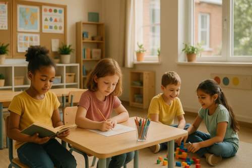 Fotografia realista de crianças felizes e focadas em um ambiente aconchegante, interagindo positivamente. A imagem ilustra o impacto positivo do ômega 3 no comportamento e aprendizado infantil.