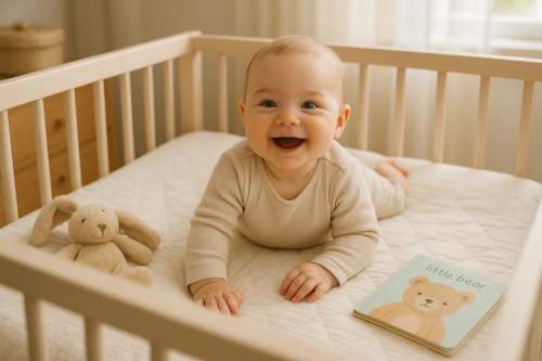 Bebê saudável e feliz em seu berço, iluminado por luz natural. Imagem relacionada a probióticos para bebês e saúde intestinal.