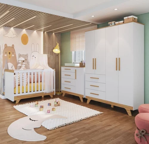 Quarto de Bebê Completo com Guarda Roupa Cômoda e Berço 100% Mdf Jolie Retrô Espresso Móveis Branco Brilho/Amêndoa