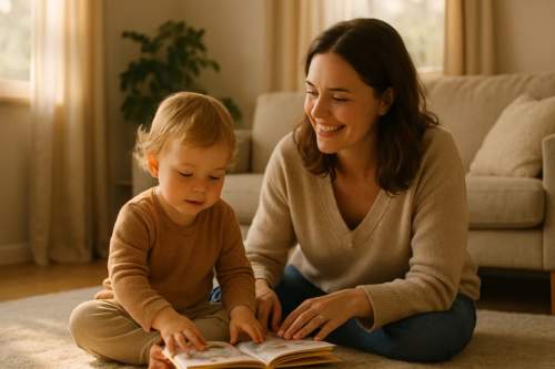Fotografia realista de uma mãe feliz interagindo com seu filho em um ambiente aconchegante e iluminado pela luz natural. A imagem representa a saúde e o bem-estar infantil, relacionado ao tema de selênio e imunidade.