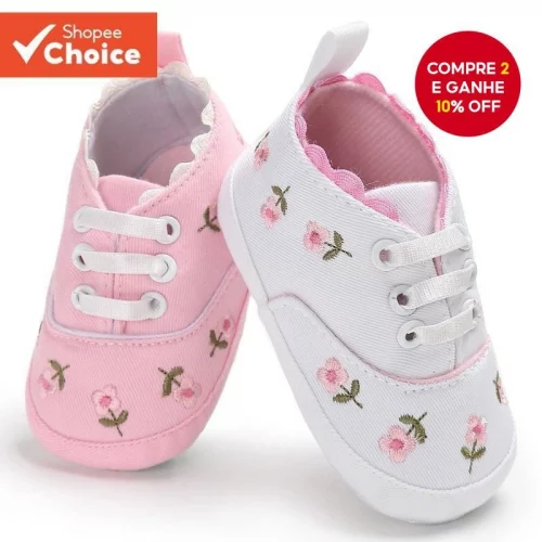 🛍️Tênis Bordados Florais Para Bebês Meninas De 0 A 18 Meses Com Sola Macia Primeiros Caminhantes