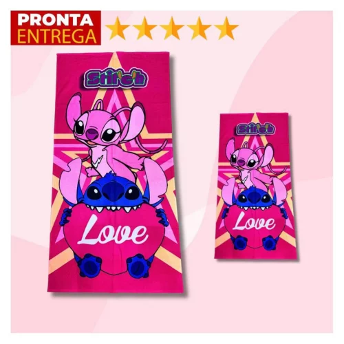 Toalha De Banho E Rosto Boca Lancheira Infantil Lilo Stitch E Angel Rosa