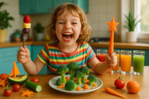 Mãos de uma mãe e seu filho preparando uma salada de frutas colorida, ilustrando como treinar o paladar infantil para alimentos saudáveis.