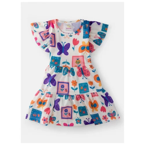 Vestido Infantil Manga Curta Borboletas Creme 166 - Laluna