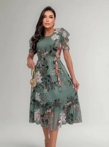 Vestido Midi Tule Estampado Evangélico