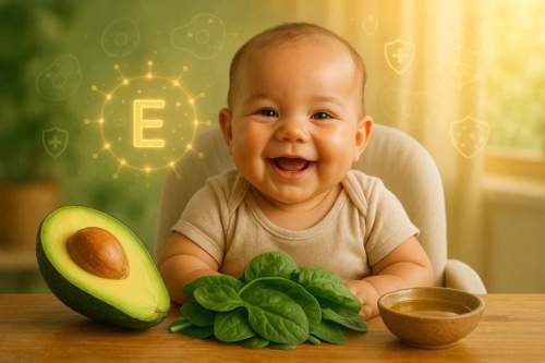 Bebê saudável segurando frasco de vitamina E, destacando os benefícios do antioxidante para o desenvolvimento infantil.