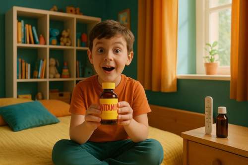 Criança segurando frasco de vitamina em quarto colorido, destacando a conexão entre vitamina esquecida e tosse crônica infantil.