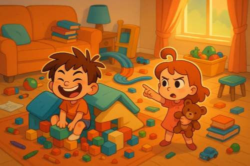 Fotografia realista de uma sala de estar levemente desarrumada, mostrando brinquedos e objetos fora do lugar, ilustrando os erros comuns na organização de casas com crianças.