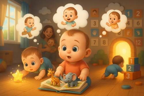 Bebê alcançando brinquedo durante salto de desenvolvimento, mostrando crescimento e estímulo infantil