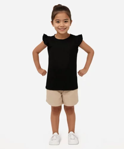💜 Blusa Infantil Canelada Manga Curta com Babado Preta