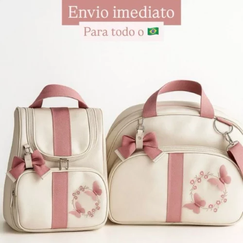 Bolsa Maternidade Luxo kit Bordado 2 Peças Menino / Menina BORBOLETAS 3D / SAFARI Mamãe e bebê