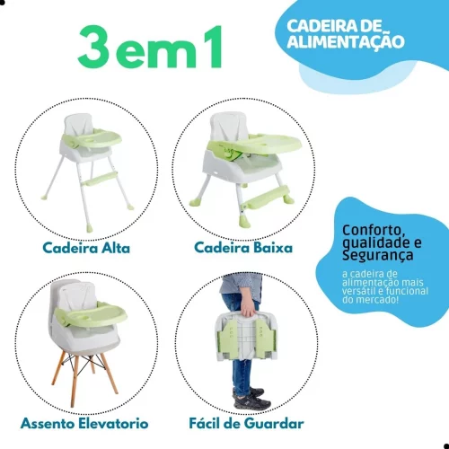 Cadeira De Alimentação 3 Em 1 Infantil Portátil Segura (Verde)
