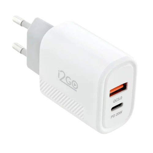 Carregador de Parede Ultra Rápido com 1 Saída USB-C Power Delivery 20W + 1 Saída USB-A 18W I2GO - i2GO PRO, Branco