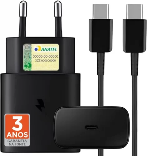 Carregador Turbo Compativel c/Samsung Galaxy, Motorola, Novo Iphone 15/16 - Fonte 25W Ultra,Carregamento Rápido, Tipo C + USB, Acompanha Cabo Tipo C, para Android/IOS - Certificado Premium Black