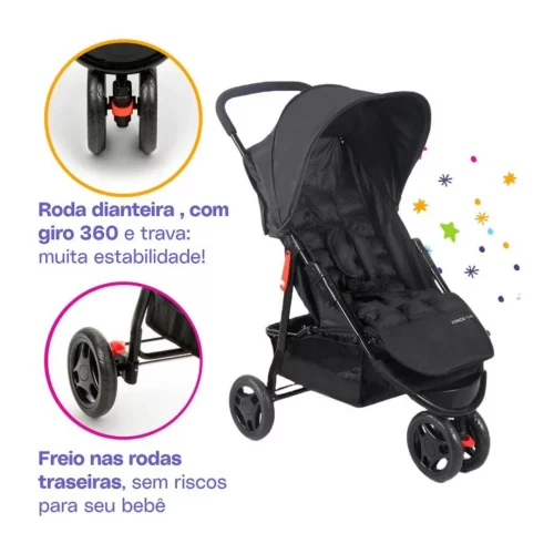 Carrinho De Bebê Cosco Kids, Toffy, Preto Absoluto