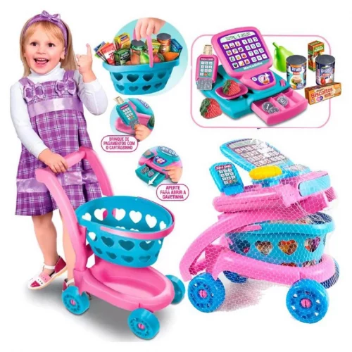 Carrinho de brinquedo compras super mercado frutas mercadinho caixa registradora carro faz de contas