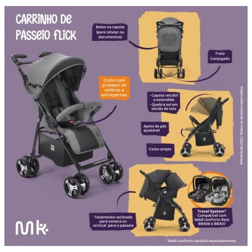 Carrinho De Passeio P/ Bebê Flick Até 15kgs Preto Multikids