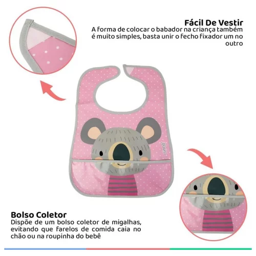 Clingo Babador Impermeável Com Bolso Coletor Coala Cinza/Rosa Tamanho Único