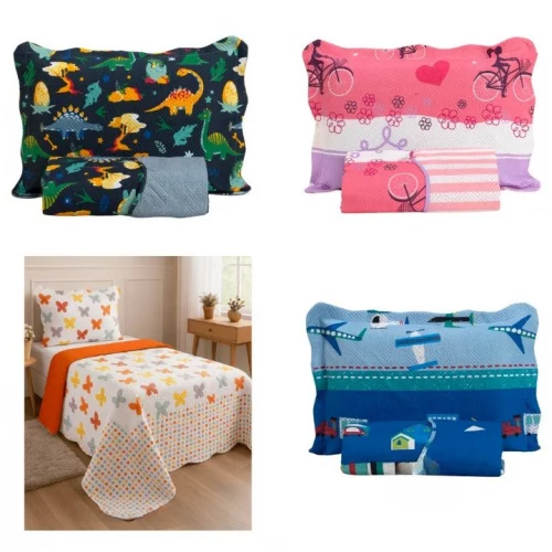 Colcha Cobre Leito Solteiro 2 Peças Dupla Face com Porta Travesseiro - Várias estampas disponíveis