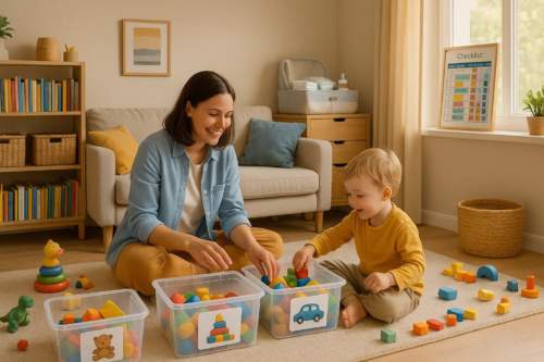 Mãe e filha organizando juntas os brinquedos coloridos em caixas de armazenamento em uma sala arrumada.