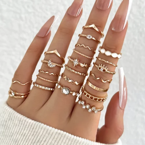 > Conjunto De Anel Feminino Elegante Com Folha De Olho De Coração Embelezado Diamante , 23 Peças , Joias Da Moda Para Toda